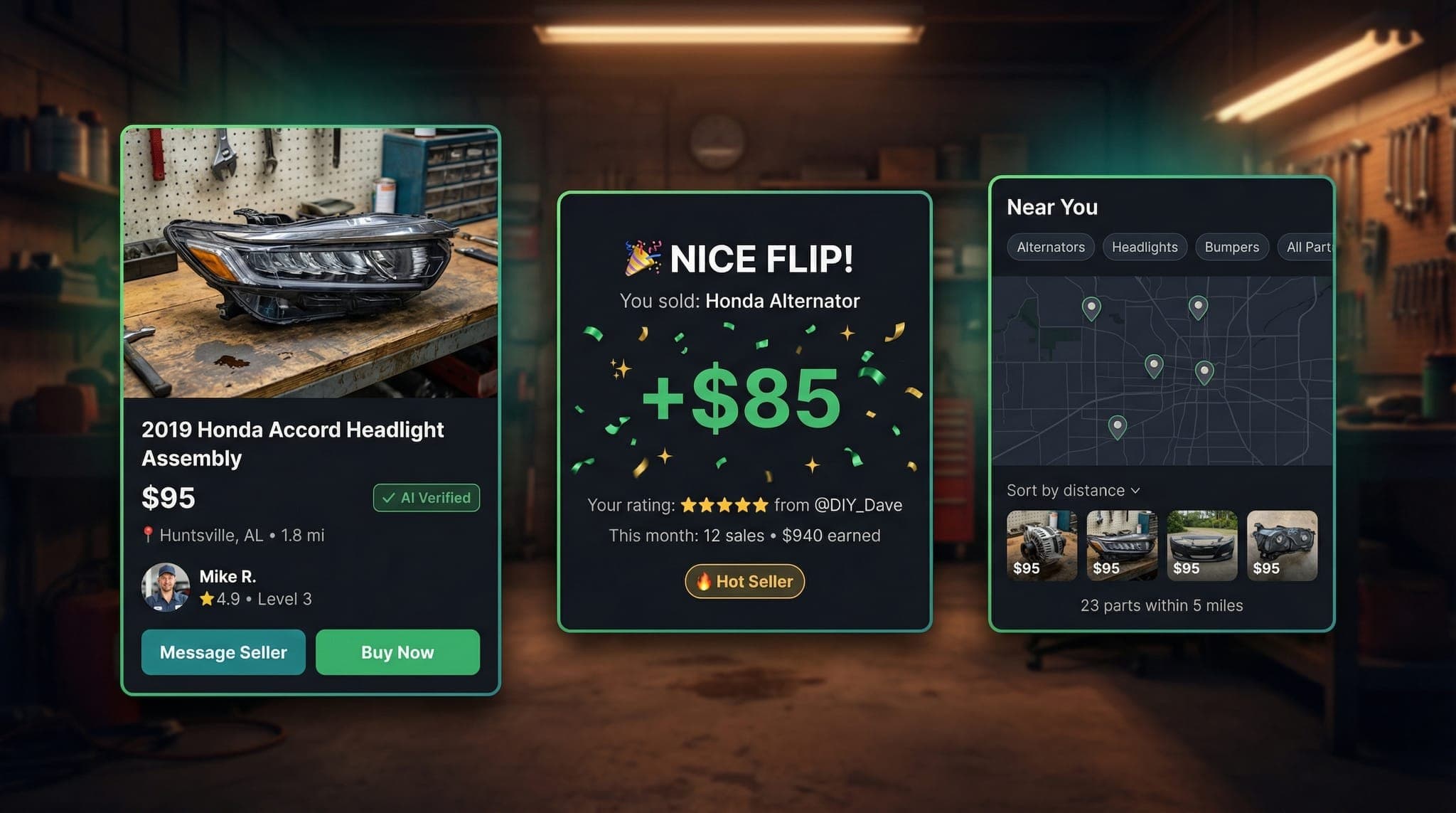 WreckFlip marketplace — AI-verified listings, gamified selling, hyper-local discovery